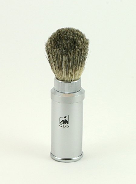 GBS 100% Pure Badger Bristle Travel Shaving Brush, Light Silver Gray Metal Cannister