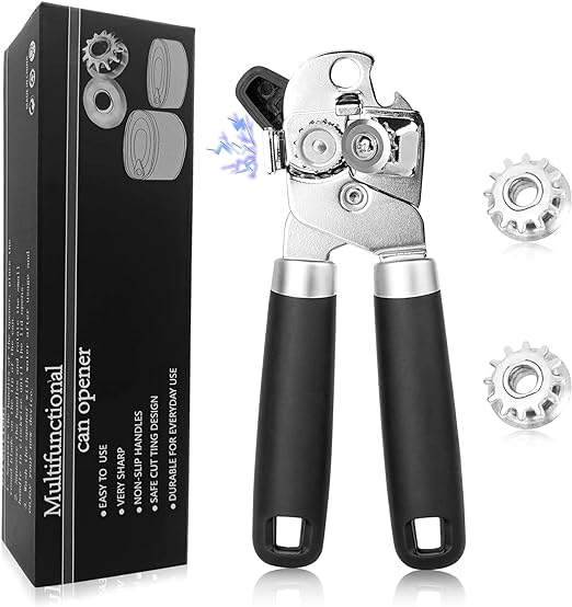 Can Opener Manual, Heavy Duty Stainless Steel Can Opener with Magnet, Smooth Edge with Sharp Blade Tin Opener Kitchen Gadgets Two Replacement Blades
