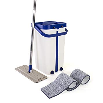Kitchen   Home Wash & Dry Mop – Self Cleaning Flat Mop and Bucket System with 2 Reusable Microfiber Mop Pads for Wet and Dry Mopping on All Floor Surfaces