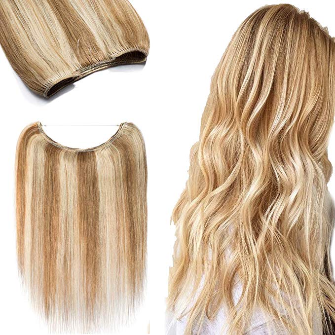 16"-22" Human Hair Hidden Wire Extensions Thin Highlight Secret Fish Line Hair Extensions Long Straight No Clips No Glue Hairpieces Invisible 18" 65g #12/613 Golden Brown Mix Bleach Blonde