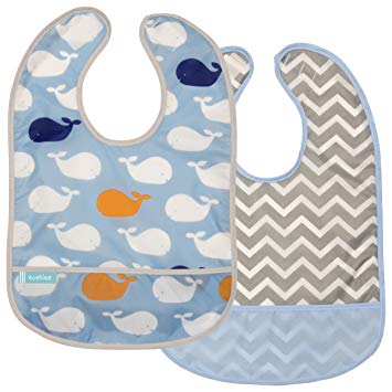 Kushies Cleanbib Waterproof Feeding Bib with Catch All/Crumb Catcher Pocket. Wipe Clean and Reuse! Lightweight for Comfort, 2-Pack, Baby Boys, 12 Months and Up, Blue Whales/Blue Chevron