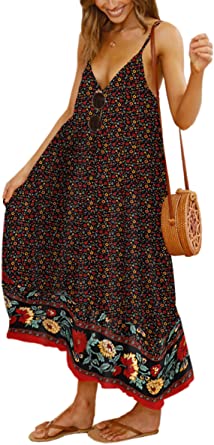 Angashion Women's Dresses Floral Adjustable Spaghetti Strap V Neck Boho Long Maxi Dress Summer Beach Flowy Ethnic Sundress