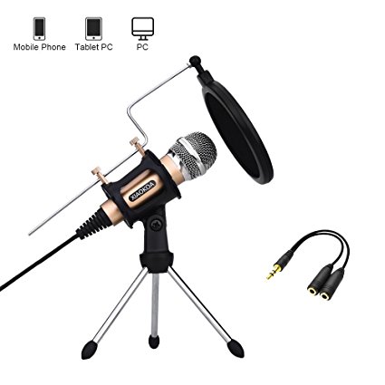 Professional Condenser Microphone, Plug &Play Home Studio for Iphone Android Recording,Podcasting,Online Chatting Such as Facebook,MSN,Skype,Desktop MIC Stand dual-layer acoustic filter (Gold)