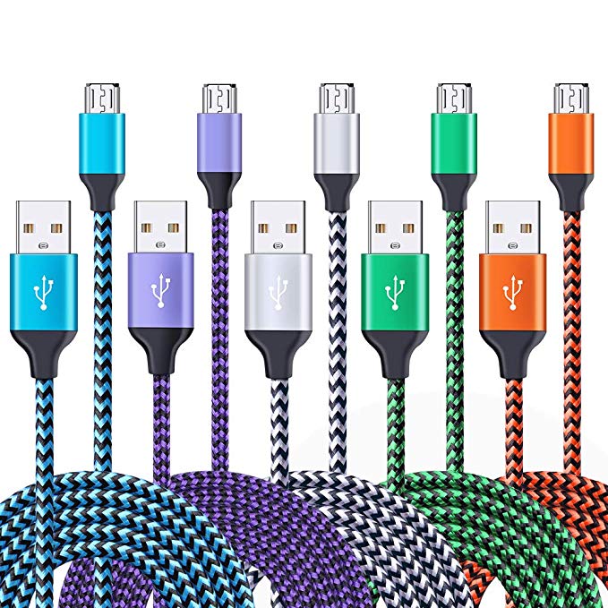 Android Charger Cable, FiveBox 5-Pack 6ft Micro USB Cable Braided Fast Charging Cord Phone Charger Compatible Samsung Galaxy J3 J7 S6 S7 Edge, LG Stylo 2/3, LG G3 G4 K20 K30 Plus, Kindle Fire 7 8 10