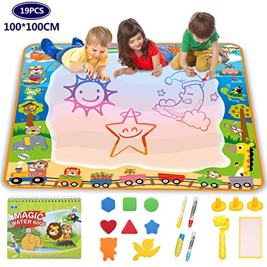 Lenbest super large water drawing mat 100x 100cm, aqua magic painting pad, educational toy gift for toddler, funplus large size doodle mat with seals & magic roller & drawing booklet, writing board