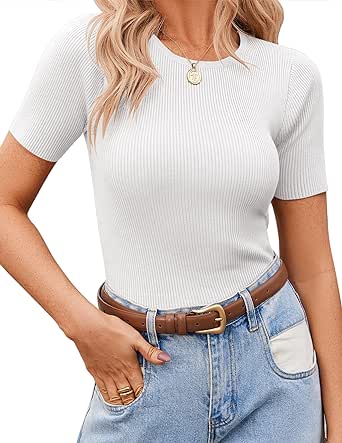 Zeagoo Women's Short Sleeve Basic Slim Fit Tops Crewneck Ribbed Knit T Shirt Cute Summer Outfits