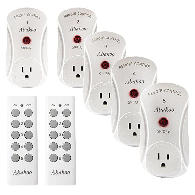 Abakoo Wireless Remote Control Electrical Outlet Switch with 100-feet Range, Energy Saving Auto-programmable for Household Appliances, Wireless Remote Light Switch (Learning Code, 5Rx-2Tx)