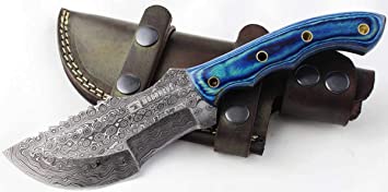 Moorhaus Handmade Random Damascus Wood Dark Blue & Blue Tracker Knife with Leather Sheath