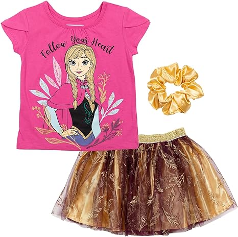 Disney Princess Moana Frozen Girls T-Shirt Tulle Mesh Skirt and Scrunchie 3 Piece Outfit Set Toddler to Big Kid