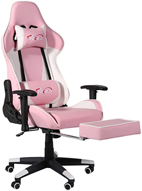 VECELO Gaming High Back Computer Racing Ergonomic Adjustable Executive Swivel PC Chair with Headrest,Massager Lumbar Support,Retractible Footrest,Pink