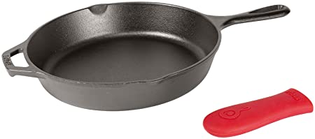 Lodge 10.25 Inch Cast Iron Skillet. Pre-Seasoned 10.25-Inch Cast Iron Skillet with Red Silicone Hot Handle Holder.