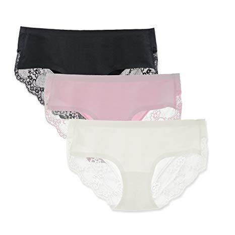 Liqqy Women's 3 Pack Cotton Lace Coverage Seamless Brief Panty