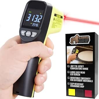 Gorilla Grip Infrared LCD Digital Thermometer, Instant Read Laser Adjustable Emissivity, Handheld Meat Grill Temperature Thermometers for Cooking Pizza Oven, Griddle, Pool, Food Temp Reader, Yellow