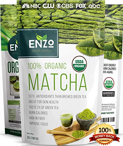 Organic Matcha Green Tea Powder by Enzo Full with Strong Milky Flavour, Easy to Dissolve in Hot Water. Perfect for Latte, Ice cream, waffles and baking. Perfect Coffee Alternative (2oz (56.5g))
