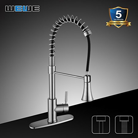 Kitchen Faucets with Pull Down Sprayer - WEWE A1002LU 2017 Commercial Single Handle Pull Out Kitchen Faucet Brushed Nickel, Modern High Arc Spring Stainless Steel Kitchen Sink Faucets with Escutcheon