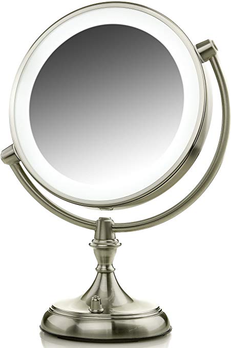 Ovente LED Lighted Makeup Mirror, Dimmable, Battery or USB Adapter Operated (1X/5X, Nickel Brushed)