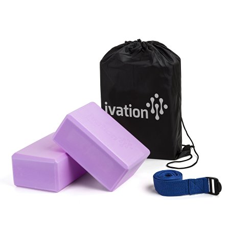 Ivation Large Yoga Blocks & 8-Foot Yoga Strap Combo Pack - Safe, Durable Yoga Props Perfect for all Yoga Practices & Home Workouts - Starter Guide & Carrying Case Included