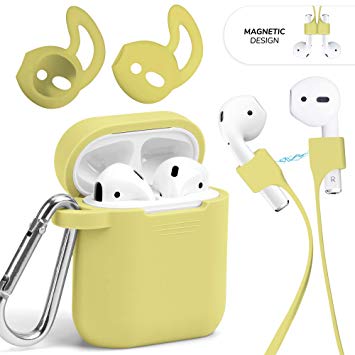 AirPods Case Accessories Kit, GMYLE Silicone Protective Shockproof Airpod Earbuds Case Cover with Keychain, Ear Hook, Magnetic Strap (Light Yellow)