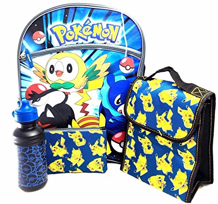 5 Items Pokemon Pikachu 16" Large Backpack With Lunch Bag-Case-Water Bottle