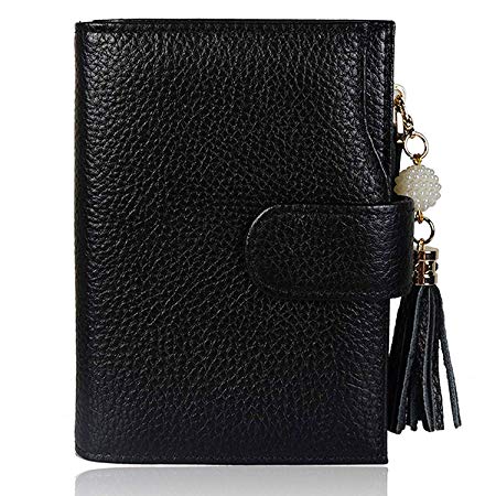 Befen Women's RFID Blocking Wallet Full Grain Leather Small Compact Bifold Leather Coin Purse Front Pocket Mini Wallet Card Holder with 16 Card Slot (Black RFID Small)