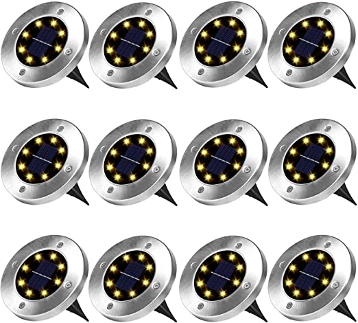 Solar Ground Lights 12Pack - 8 Led Solar Garden Lights Outdoor，Disk Lights Waterproof In-Ground Outdoor Landscape Lighting for Lawn Patio Pathway Yard Deck Walkway Flood Light Dekugaa (12)