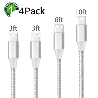 Cable,ONSON Charger Cables 4Pack 3FT 3FT 6FT 10FT to USB Syncing and Charging Cable Data Nylon Braided Cord Charger for iPhone 7/7 Plus/6/6 Plus/6s/6s Plus/5/5s/5c/SE and more-SilverGray …