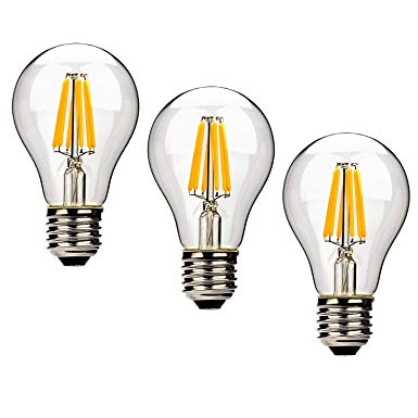 Leadleds A19 LED Edison Bulb 60 Watt Incandescent Bulb Equivalent, 6W Filament LED Bulb E27 Medium Base 2700k Warm White Light Non-Dimmable, 3-Pack