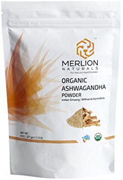 Merlion Naturals Organic Ashwagandha Root Powder ( Withania Somnifera / Indian Ginseng ) - 8 OZ / 1/2 lb / 227 gm | 100% USDA NOP Certified Organic