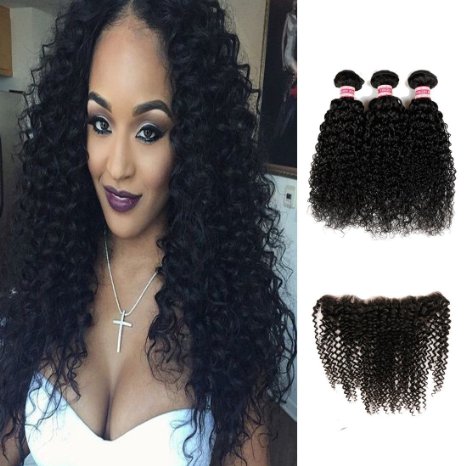 HC Hair 7a Unprocessed Brazilian Virgin Human Hair Extensions Kinky Curly weave 3 Mix Length Hair Bundles with Lace Frontal Closure(13*4) (14 16 18 12)
