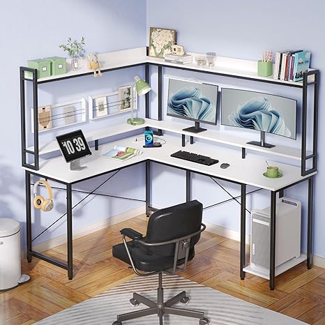 Rolanstar Computer Desk with Hutch & Storage Shelves, Gaming Desk with LED Lights & Power Outlets, L Shaped Desk, Corner Desk Home Office Desks, White