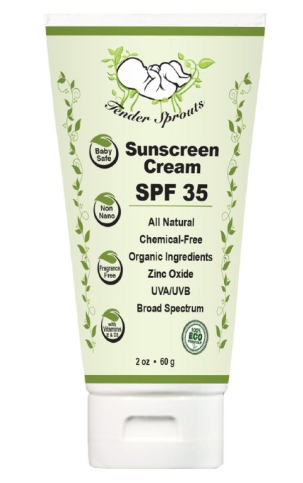 Tender Sprouts Organic Zinc-Oxide Baby Sunscreen SPF 35 All-Natural Chemical-Free Cream for Sensitive Skin Broad Spectrum UVAUVB 2 oz 60 g