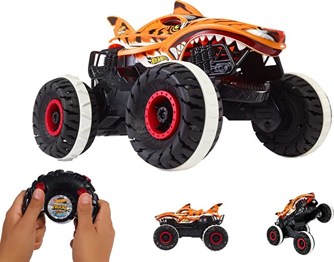 Hot Wheels Monster Trucks, Remote Control Car, Monster Truck Toy with All-Terrain Wheels, 1:15 Scale Unstoppable Tiger Shark RC