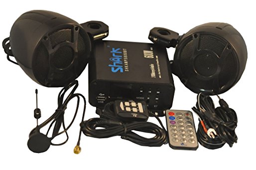 Shark Motorcycle Marine Speaker Stereo System with Amp and Handlebar brackets (7/8 to 1 inch), 600 Watt, Pair of 3 Inch Speakers with Bluetooth, Aux, and USB, Wired and Wireless Remotes, Black
