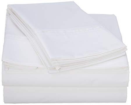 Tribeca Living Egyptian Cotton Percale 350 Thread Count Deep Pocket Sheet Set with Pillowcase, Queen, White