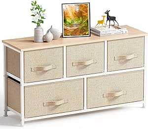 Pipishell Kommode Schmal Schrank mit 5 Schubladen aus Stoff, praktische Aufbewahrungskommode, Ordnungsmöbel für Schlafzimmer, Kinderzimmer, Wohnungseingang, Flur, Beige