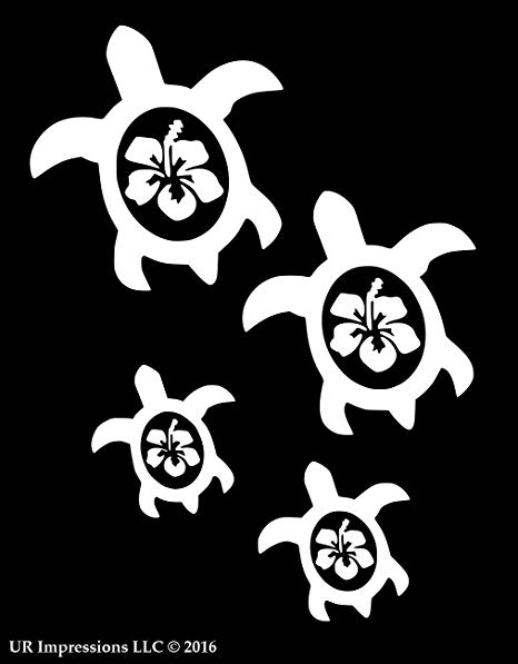 UR Impressions Hibiscus Sea Turtle Family of Four Decal Vinyl Sticker Graphics Cars Trucks SUV Walls Windows Laptop|White|7.5 X 6.5 Inch|URI059