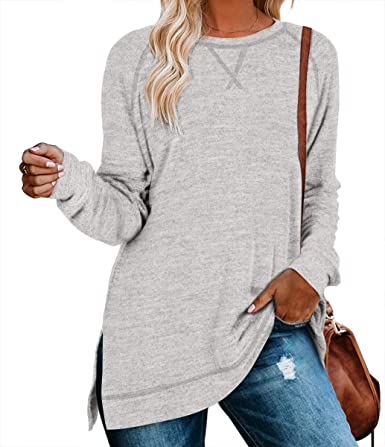 LERUCCI Womens Casual Long Sleeve Loose Fall Pullover Side Split Tunic Tops