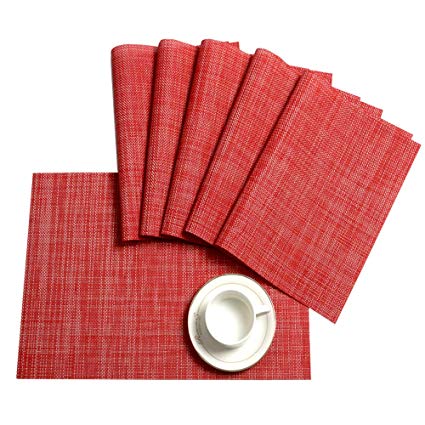 HEBE Placemats Set of 6 Washable Woven Vinyl Placemat for Dining Table Heat Resistant Non-Slip Kitchen Table Place Mats Wipe Clean Red