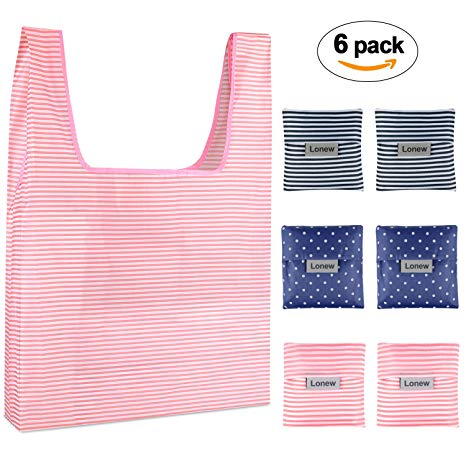 Lonew Folding Reusable Grocery Shopping Bags (6 Pack) - Waterproof Lightweight Large Capacity Portable Tote Bag Environmentally, Durable, Can Withstand Heavy Goods, Machine Washable