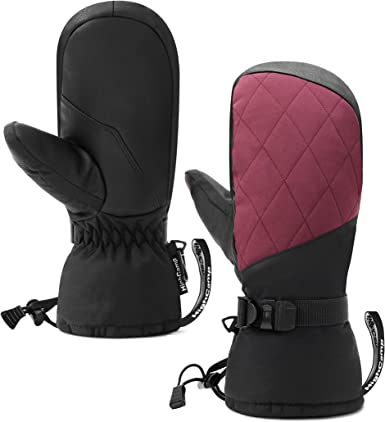 HIGHCAMP Women Waterproof & Windproof Ski Snow Mittens, Ladies Ski Gloves with Drawstring for Cold Weather Skiing & Snowboarding