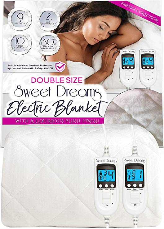 Sweet Dreams Double Size Electric Blanket with Dual Controls - Prestige Comfort Plush Fleece Diamond Quilted Finish - Fully Fitted Washable Heated Mattress Cover / Underblanket with 10 Timer Settings & 9 Heat Settings - 193 x 137cm … (Prestige Plush - Double Size)