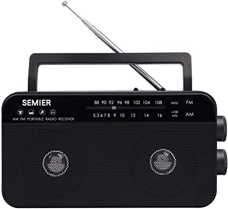 SEMIER AM FM Portable Radio, Battery Operated Analog Radio by 3X D Cell Batteries Or AC Power Transistor Radio with Double Big Speaker, Standard Earphone Jack, Bass Tone Mode and Large Knob
