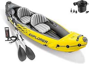 Intex 68307EP Explorer K2 Inflatable Kayak Set: Includes Deluxe 86in Aluminum Oars and High-Output Pump – SuperStrong PVC – Adjustable Seats with Backrest – 2-Person – 400lb Weight Capacity