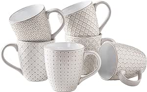 DOWAN Coffee Mugs Set of 6, 19 oz Large Mug, Ceramic Embossment Stoneware Tea Cups with Handle for Men Women, Handcrafted Mug Gift Set, Housewarming Wedding Gift