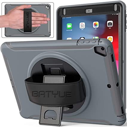 iPad Pro 9.7 case, iPad 5th Generation Case/ iPad 6th Generation Case for Kids, BATYUE [360° Swivel Kickstand] [Hand Strap] Heavy Duty Full-Body Rugged Protective Case for iPad Air 2/ iPad Air (Grey)