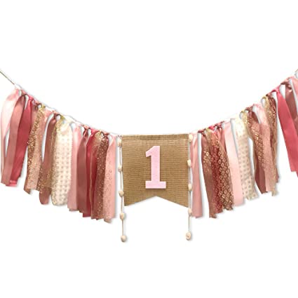 Baby 1st Birthday Decoration Banner for Girls Boys High Chair Flag Banner Bunting Birthday Party Decorations Supplies（Pink）