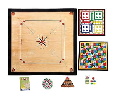 Hanzu Carrom Board Medium Size 26"x26" inch Amazing Polish with Coin,Stricker,Ludo,Powder Free,