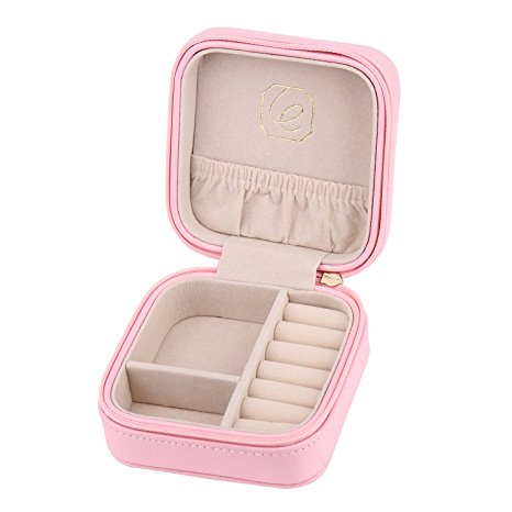 LELADY Small Jewelry Box Portable Travel Jewelry Case Organizer Faux Leather Storage Holder for Earrings Rings Necklaces, Gifts for Women Girls Lady, Mini Size (Pink)