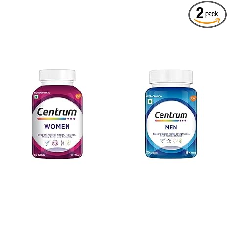 Centrum Women, Multivitamin with Biotin, Vitamin C & 21 vital Nutrients (Veg) Pack of 50 tablets & Centrum Men, Multivitamin with Grape seed extract (Veg) 30s