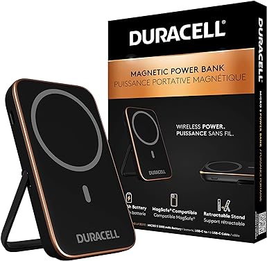 DURACELL Micro 5 Portable Charger | Foldable 5,000mAh Power Bank | MagSafe Compatible Wireless Portable Charger for iPhone | Dual Charge - Wireless Magnetic Charging   USB C | TSA Carry-On Compliant